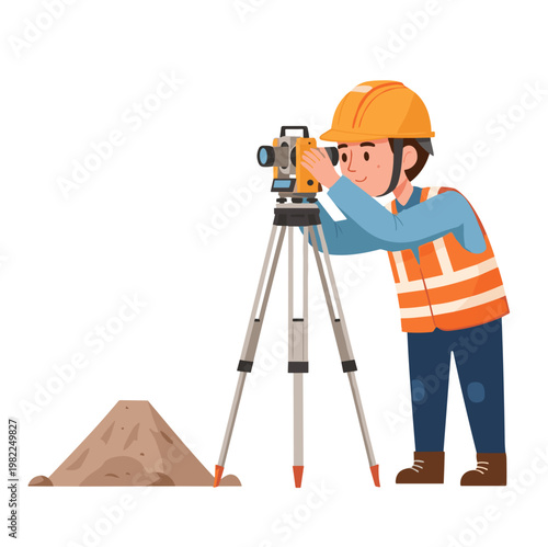 Construction worker looking through theodolite mounted on tripod at site