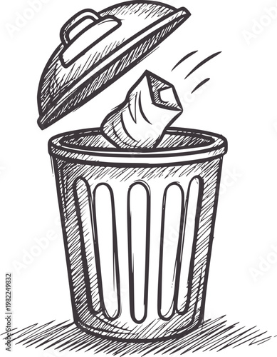 Hand drawn of crumpled paper being thrown into an open trash can waste