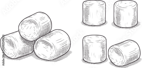 Hand drawn of marshmallows in various arrangements white food sweet confectionery