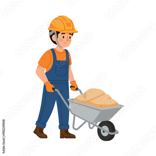 Worker pushing loaded wheelbarrow filled with sand