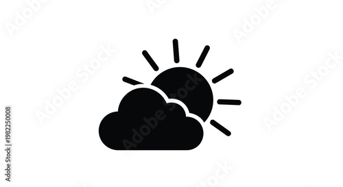 A simple black silhouette depicts a sun partially obscured by a fluffy cloud high quality professional