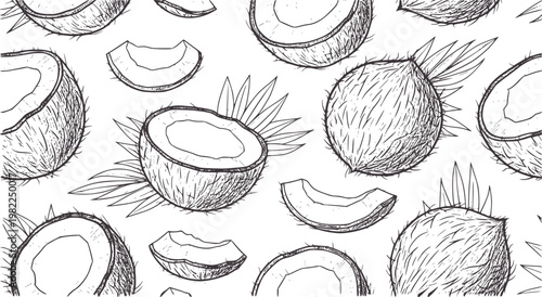 Hand drawn pattern of whole and halved coconuts with leaves tropical fruit food