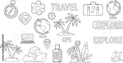 Hand drawn travel including compass camera suitcase globes and palm trees