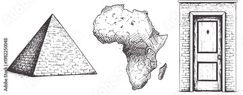 Hand drawn pyramid continent and brick door africa