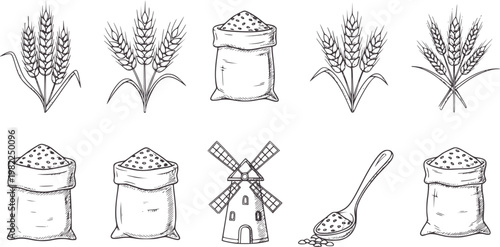 Hand drawn wheat stalks sacks of grain windmill and spoon