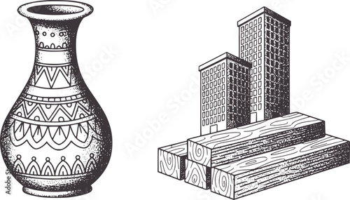 Ornate vase beside stacked lumber and modern buildings pottery ceramic pattern