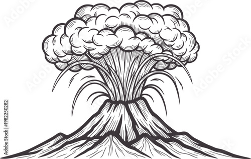 Stylized of a smoking volcano erupting with ash clouds over mountains eruption smoke