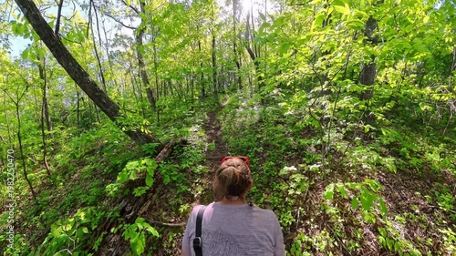 Overhead of Woman Trudging Up Trail in Shenandoah National Park in Summer