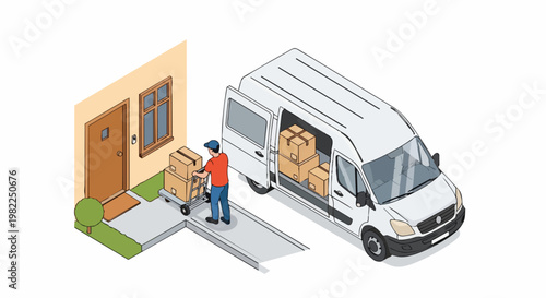 Isometric Delivery Service Illustration with Courier Unloading Packages from a White Van to a House Entrance, E-commerce Shipping and Logistics Concept