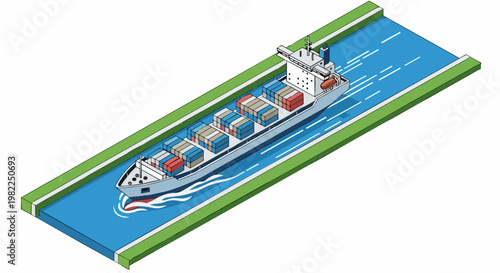 Isometric Illustration of a Large Container Cargo Ship Navigating a Narrow Canal representing Global Trade and Logistics