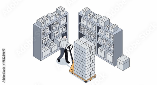 Isometric Warehouse Logistics Illustration of Worker Moving Heavy Stack of Boxes on Pallet Jack between Storage Shelves for Supply Chain and E-commerce Concept