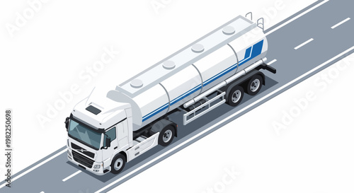 Isometric White Fuel Tanker Truck on Highway for Oil, Gas, and Chemical Transportation, Logistics and Industrial Delivery Concept Illustration