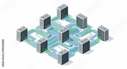 Isometric Data Center Network with Connected Server Racks and Complex Cabling Infrastructure