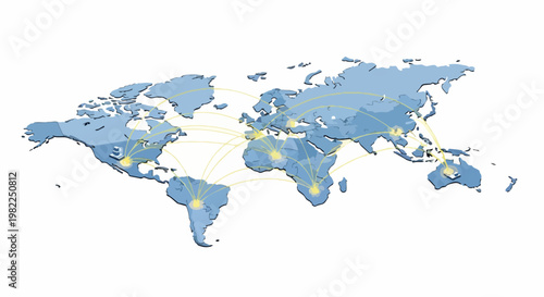 Global Logistics and World Map Connectivity Network Illustration. 3D Isometric Blue World Map with Yellow Connection Lines Representing International Trade and Telecommunication.