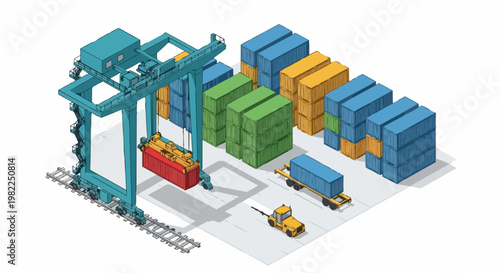 Isometric Shipping Port Terminal Illustration with Gantry Crane and Cargo Containers