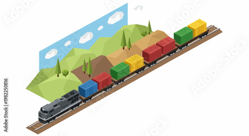 Isometric Freight Train with Colorful Shipping Containers on Railway Track, Low Poly Style Logistics and Global Supply Chain Transportation Concept