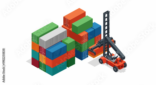 Isometric Shipping Container Terminal with Reach Stacker Forklift, Logistics and Global Trade Concept Illustration