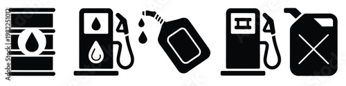 Flat design fuel and energy icons set with gasoline pump, oil drop, and battery symbols