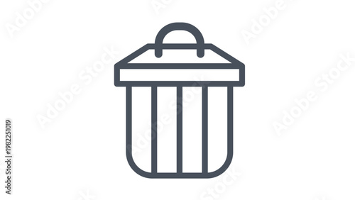 Minimalist black vector icon illustration of a classic trash can with a lid and handle, representing waste management, garbage disposal, recycling, and cleanliness in a clean line art style.