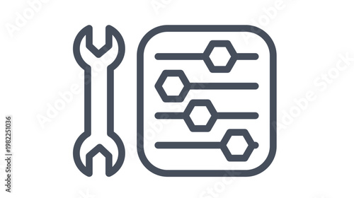 Minimalist black vector icon illustration of a wrench and a settings control panel with sliders and hexagonal knobs, representing configuration, maintenance, technical adjustments, and setup.