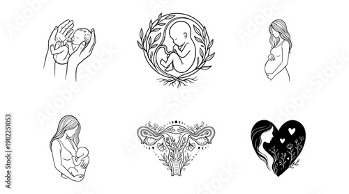 Six artistic illustrations depicting pregnancy, motherhood, and the journey of nurturing a newborn