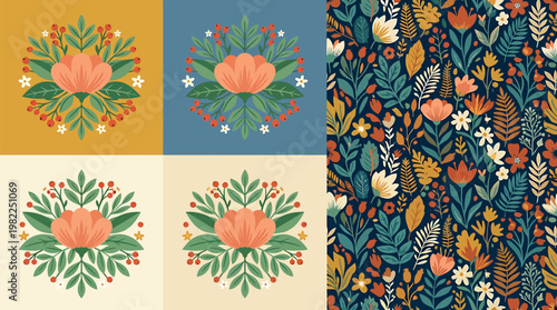 Floral designs in vibrant hues, showcasing blossoms, leaves and intricate arrangements. These patterns feature a diverse range of botanical elements