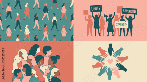 Images about unity, strength, and women empowerment. Featuring a diverse group of women demonstrating support and solidarity. The overall tone is about feminism and social equality