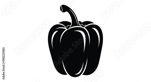 A striking black and white illustration depicts a single stylized bell pepper with smooth outlines