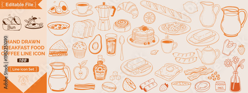 Hand drawn breakfast doodles set. Vector illustration of food and coffee icons in chalk, crayon drawing style for invitations, menus, parties. Minimalist line art. La dolce vita Italian style