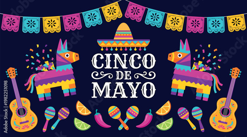 Cinco de Mayo festive graphic illustration with vibrant and colorful decorations and ornaments