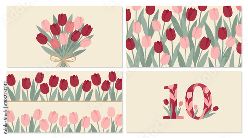 Four cards displaying floral designs with tulips, offering a combination of colors and patterns suitable for any occasions