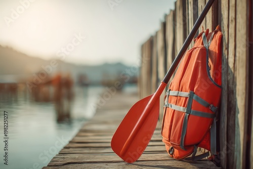 Kayak paddle and life vest mockup dock