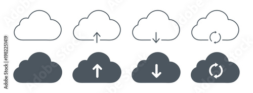 Cloud storage icon set with upload download sync and refresh actions. Data transfer, backup and file sharing outline and solid icons for apps, web interface and cloud computing systems