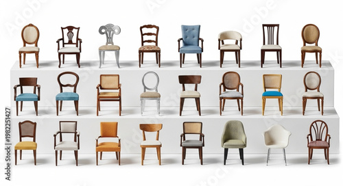 Collection of antique and modern chairs displayed in rows.