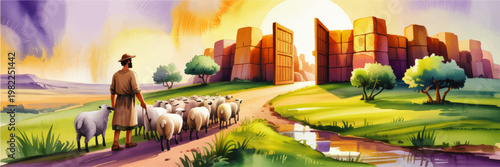 Biblical shepherd leading flock of sheep toward open city gates at sunrise, pastoral landscape illustration of faith and salvation