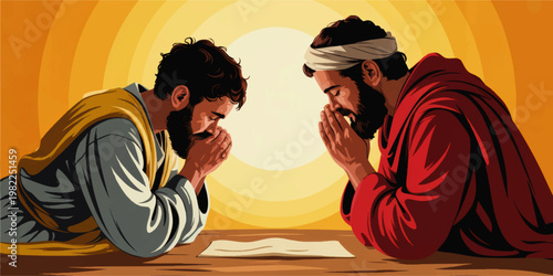 Two biblical men praying in humble devotion across a table at sunrise, spiritual faith illustration with warm golden light