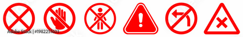 Warning, prohibition, danger, safety, stop, alert, caution warning icon set with no entry, hand, hazard, electric, fire, restricted symbols collection. vector, icons, illustration