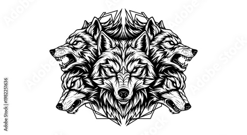 Intricate black and white illustration of several wolves on a white background