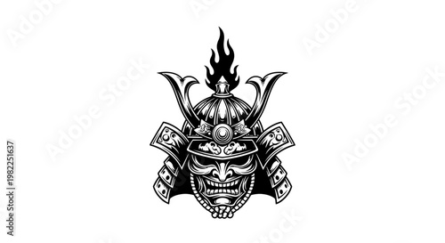 Intricate black and white samurai armor illustration with fiery crest