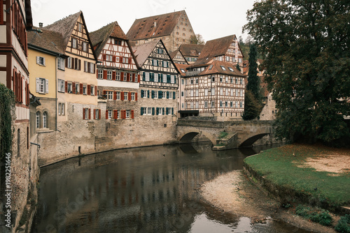 A view of the old half-timbered houses and river Kocher in the historic district of Schwäbisch Hall in Germany.