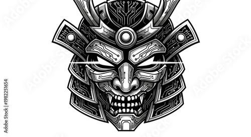 Intricate cybernetic samurai mask illustration isolated on white background
