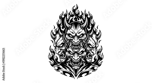 Intricate demon face illustration surrounded by flames on white background