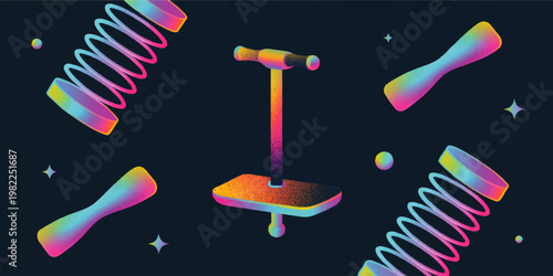 Neon Gradient Abstract Playground Spring Rider and Seesaw Elements on Dark Background, Colorful Retro Futuristic Illustration
