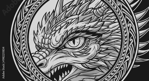 Intricate dragon head illustration within circular ornamental frame in black and white