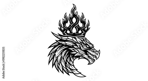 Intricate dragon head with crown illustration against white background