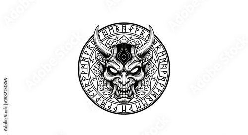 Intricate illustration of a demon face with horns and ornamental details