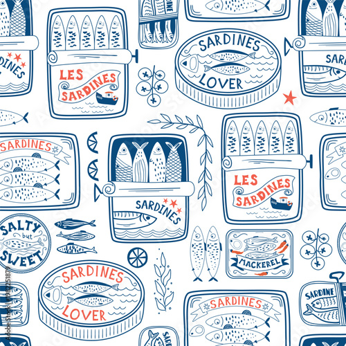 Blue Portuguese sardines cans seamless pattern. Hand drawn la dolce vita print with line drawing fish tins, coastal seafood, summer beach. Vector nautical textile design, wallpaper, repeat background