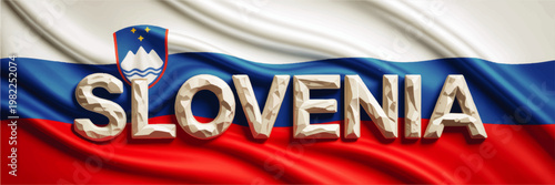Slovenia flag with stone text lettering and national coat of arms, patriotic travel banner illustration in waving tricolor silk