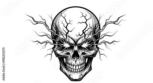 Intricate skull illustration with cracks and emanating energy on white background