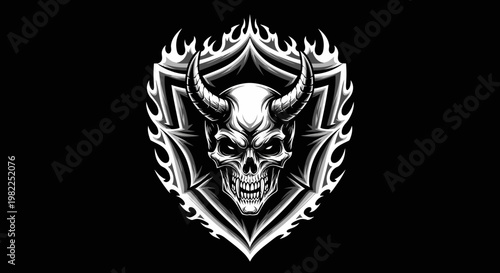 Intricate skull illustration with horns and flames on a black background